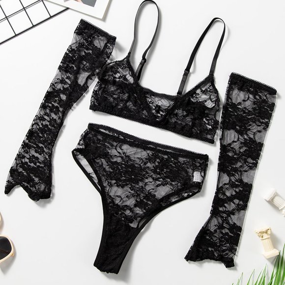 Black Feels Good Being Bad 3 Piece Bralette Lingerie Set Bra panties gloves goth - Picture 16 of 16